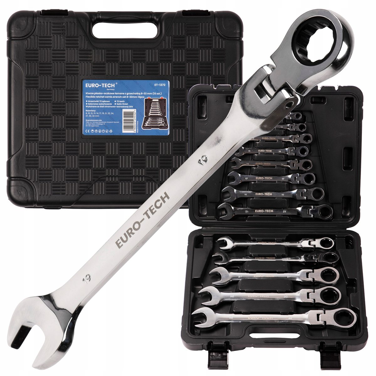 Set Ringsteeksleutels met Ratel, Gebogen, 8-32mm, 13 Delig in Koffer