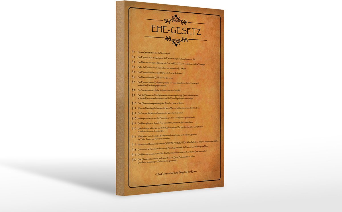 Holzschild Spruch 20x30 cm Ehe Gesetz Deko Schild