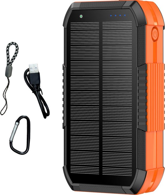 Robuuste oranje en zwarte solar powerbank met karabijnhaak en oplaadkabel.