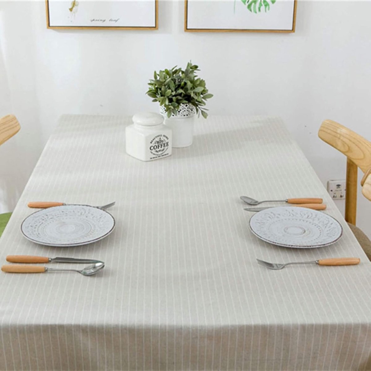 Rectangular Kitchen Table 51W x 70L, Table Cloth Dining Room Beige Stripes Cotton Tablecloth Table Indoor - ShopVlot