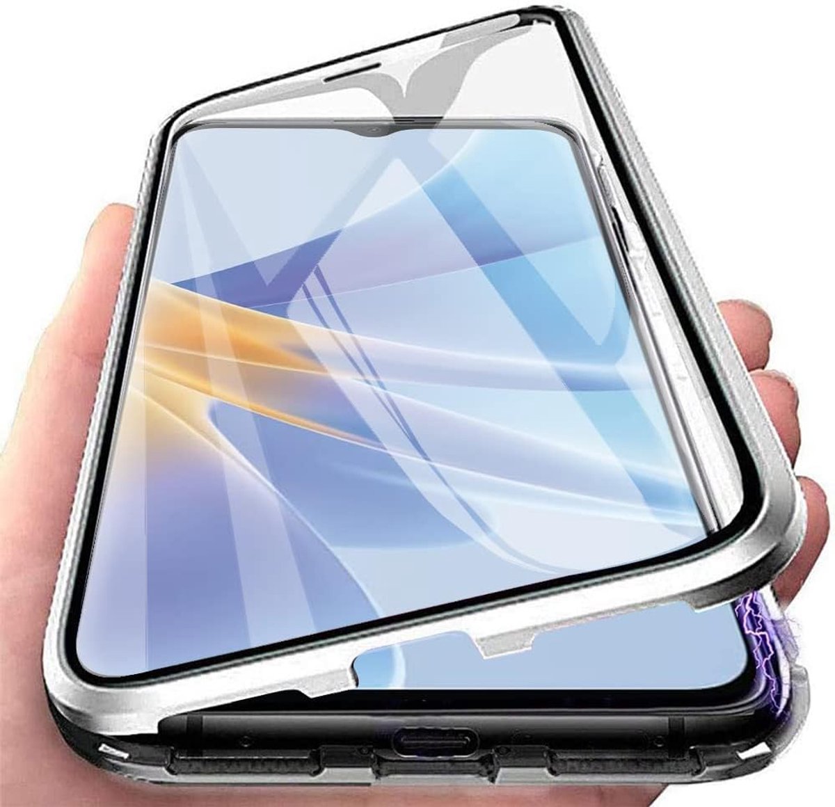 Orgstyle voor OPPO A17 (6,5 inch) hoesje, magnetische adsorptie schokbestendige hoes, slanke voorkant gehard glas + aluminium metalen bumper sterke magneten, volledige bescherming van het lichaam, transparant hoesje, zilver