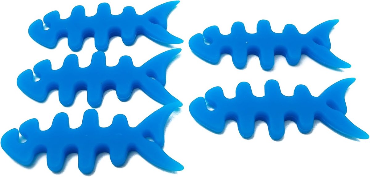 Set van 5 kabelmanagers wrap kabelhaspel visvorm siliconen opwikkelaar kabelbescherming in blauw