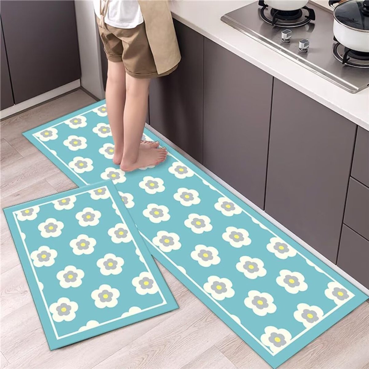 Tapijtsets antislip keukenmat kits cartoon kleine bloem blauw vlekbestendig anti-vermoeidheid machine wasbare keukenloper PVC vloermatten voor keuken thuis eetkamer 60 x 90 cm + 60 x 180