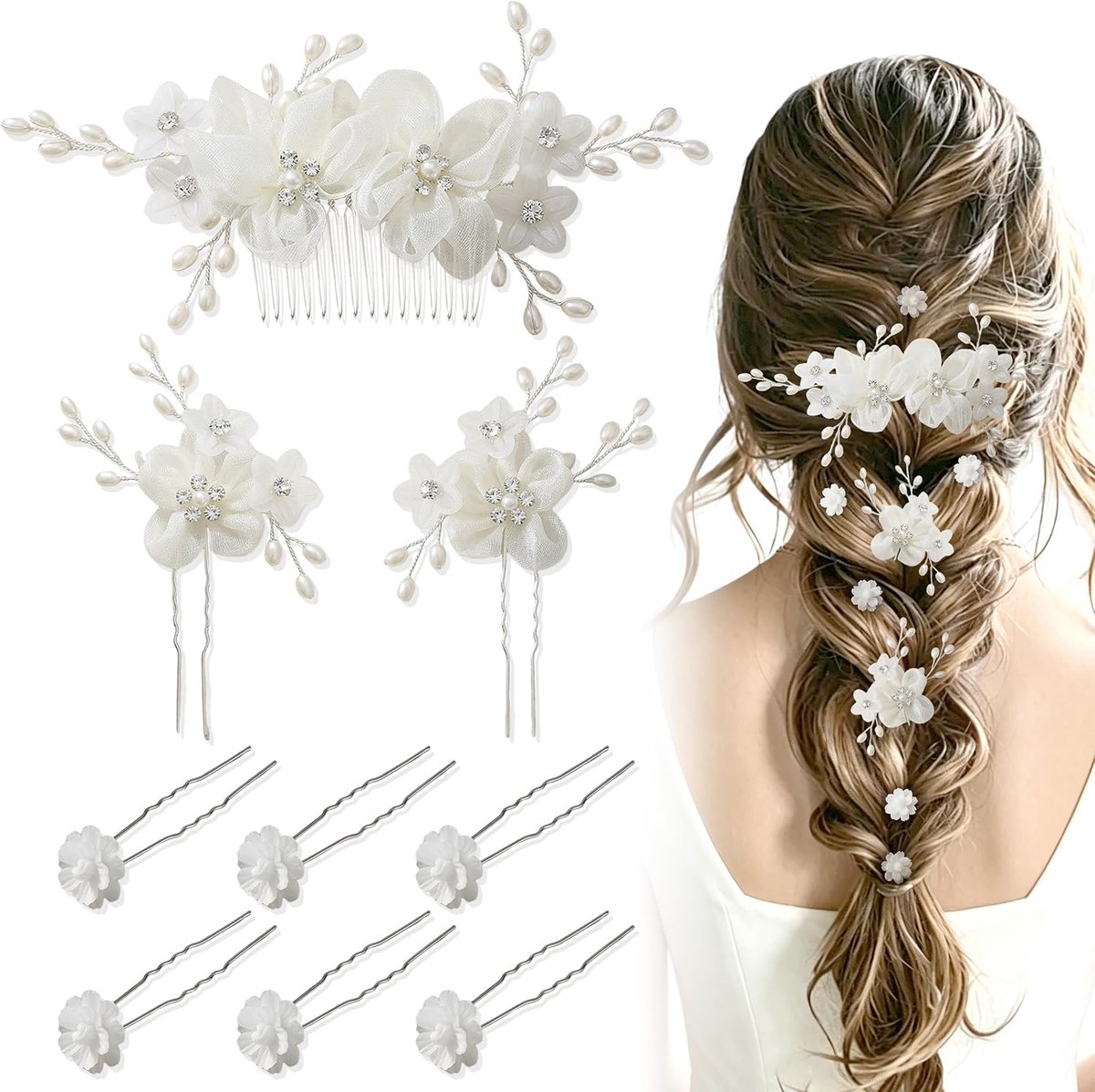 Haaraccessoires Set 9 Stuks, Witte Bloemen en Zilverkleurige Details met Haarspelden voor Bruid, Bruiloft Haarkam Set voor Dames Bruidsmeisjes en Feestelijke Kapsels