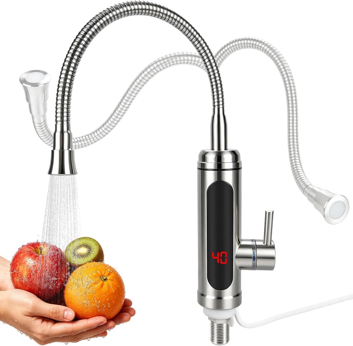 Kraan met doorstroomboiler van doorlopend roestvrij staal, direct warm water, 3000 W, 220 V, 360° draaibare uitloop, led-temperatuurweergave, keukenkraan voor keuken, badkamer, gootsteen
