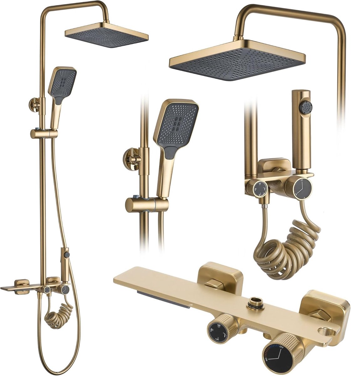 Douchesysteem HELIX Brush Gold Doucheset Douchekraan met douchekop en hoofddouche van messing Doucheset voor badkamer (geborsteld goud)
