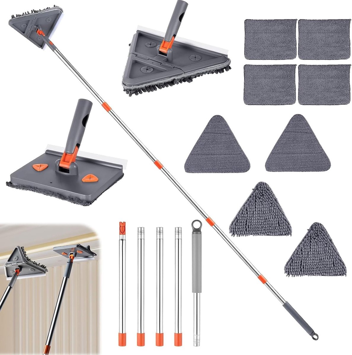 raamreiniger, telescopische wismop met trekker en 8 reservepads, 197 cm lange handgreep, driehoekige wismop vloerwisser, draaibare raamreiniger, reinigingsmop voor plafond