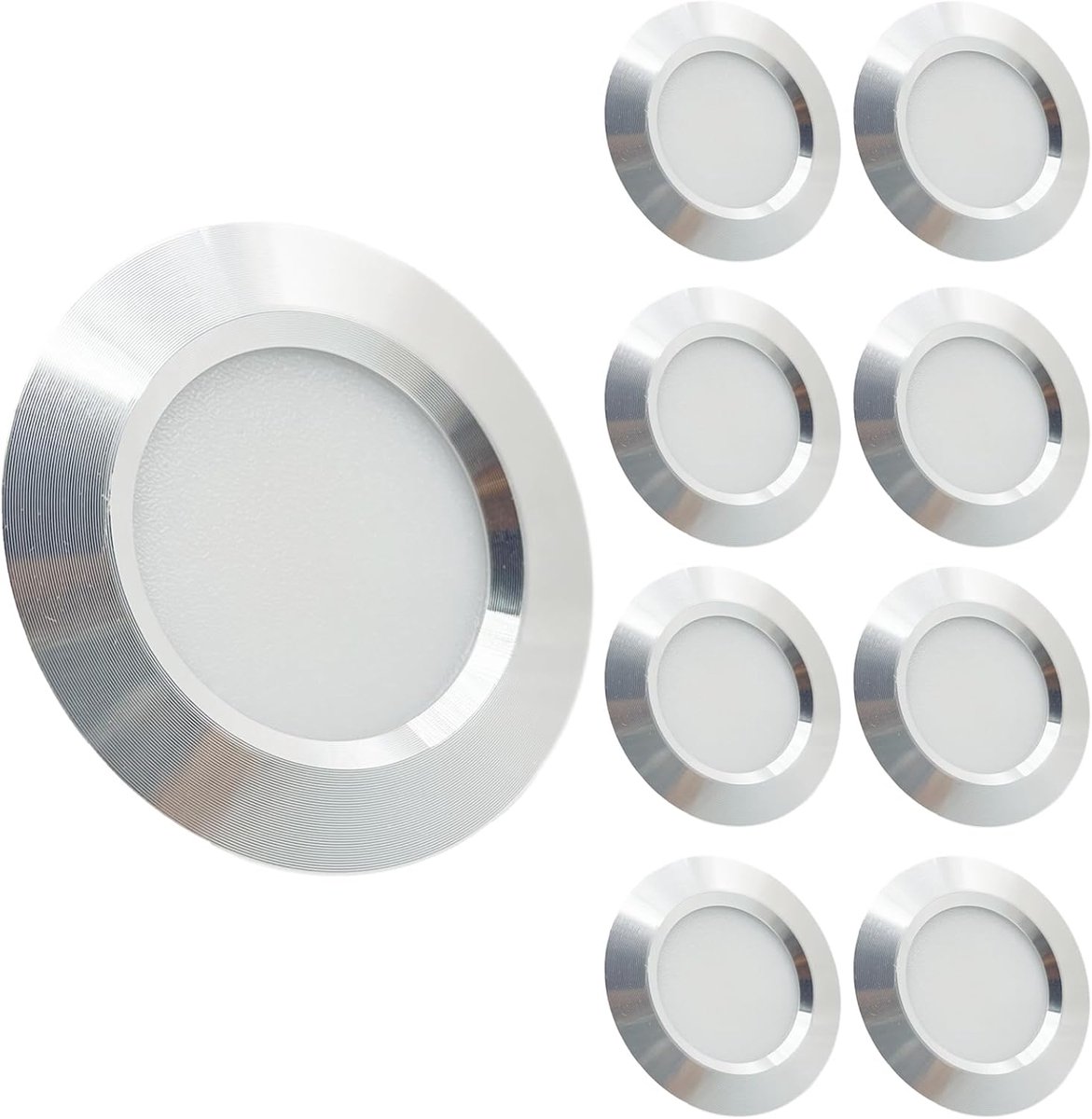 12 V campervan led-inbouwlamp, plafondverlichting, dimbaar, vlek, 3 W, 6000 K, wit licht, voor T4, T5, caravan, boot, jacht, caravan, cabine, onder CRI, 92 + 8 stuks, zilverkleurig
