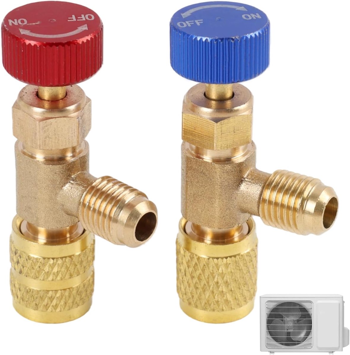 Koelmiddellaadventielen van messing, voor airconditioning R32 en R22, doorstroomventielen, standaard adapter 5/16 inch mannelijk naar 1/4 inch vrouwelijk, eenvoudige installatie, 2 stuks