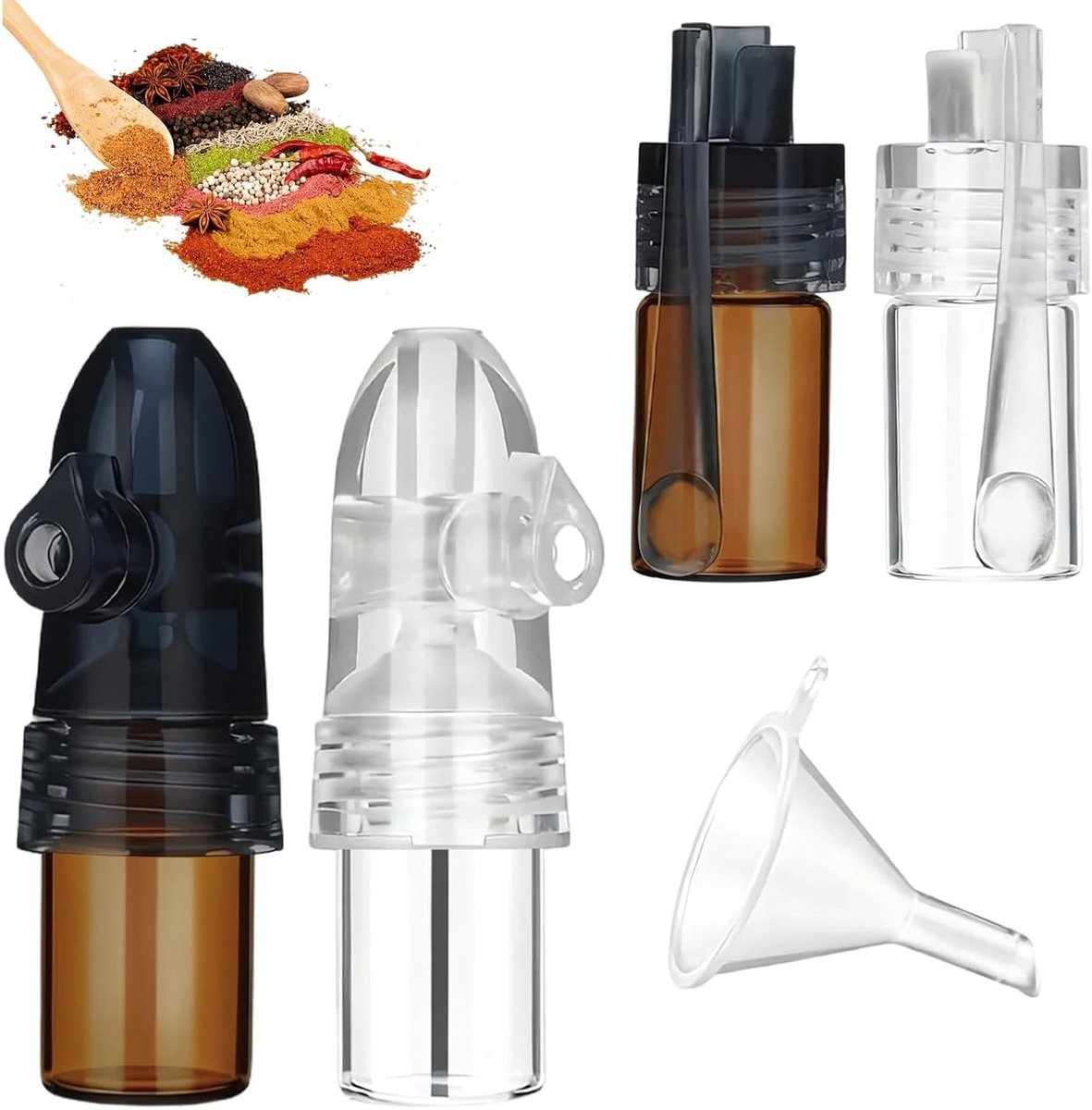 2 stuks, transparant, 2 stuks bruin kruidenpoeder, draagbare mini-kruidenstrooier, met lepel en trechter, 2 stijlen, voor reizen, outdoor, picknick