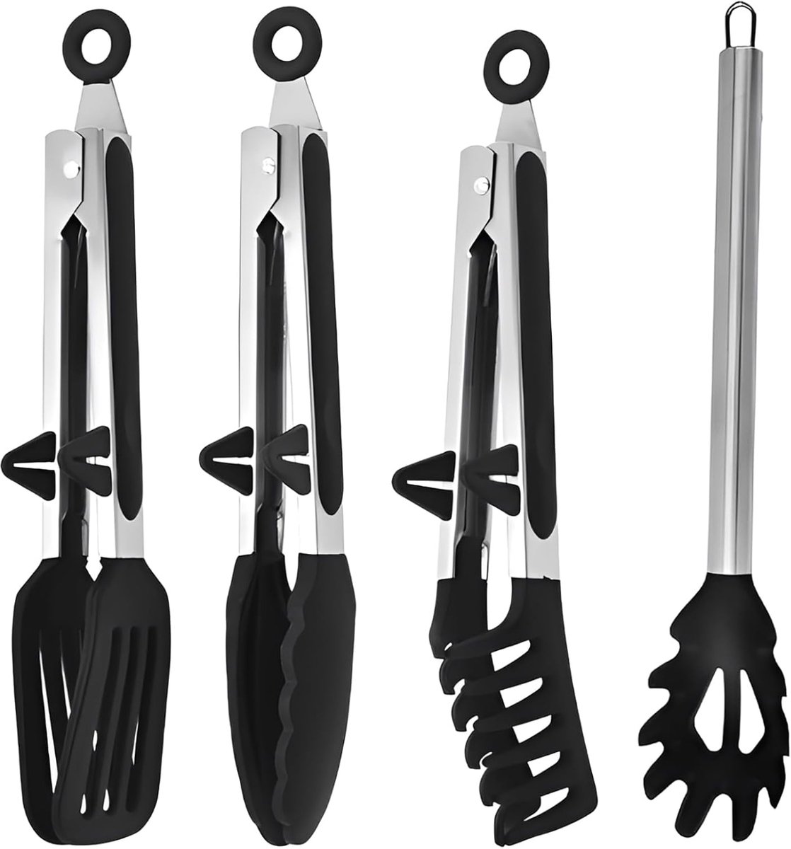 set van 4, 3 x 27 cm grilltang en 35 cm spaghettilepel, roestvrij staal en siliconen keukentang met standaard, hittebestendige kooktang, vleestang, siliconen tang, anti-verbranding (zwart)