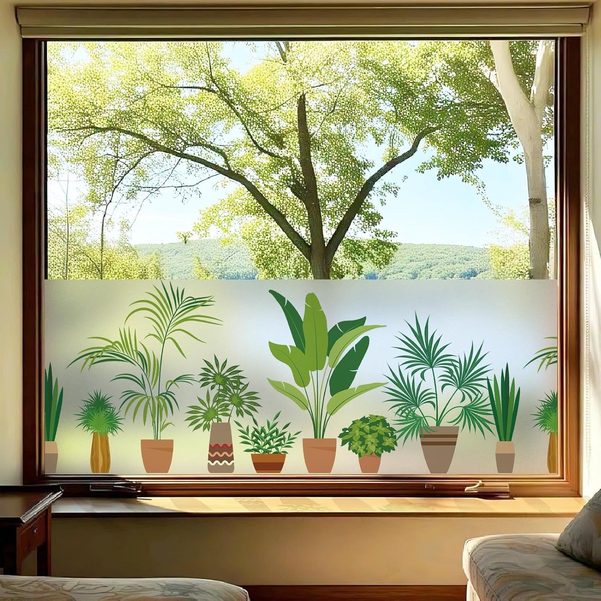 Dktie Statische hechtende raamfolie, matte privacyfolie met kleurrijk potplantenpatroon, anti-uv niet-verblindende zonwerende folie, raamsticker voor woonkamer, keuken, kantoor, 44,5 x 200 cm