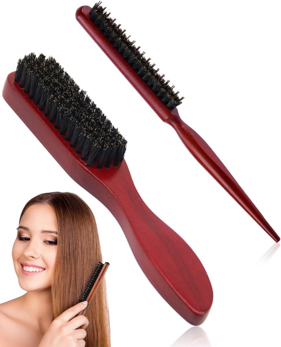 Haarborstel van everzwijn, salonkam voor knot, zachte natuurlijke haren, haarborstel met houten handvat, voor lang, dik, krullend haar, droog en beschadigd haar, baardstijl