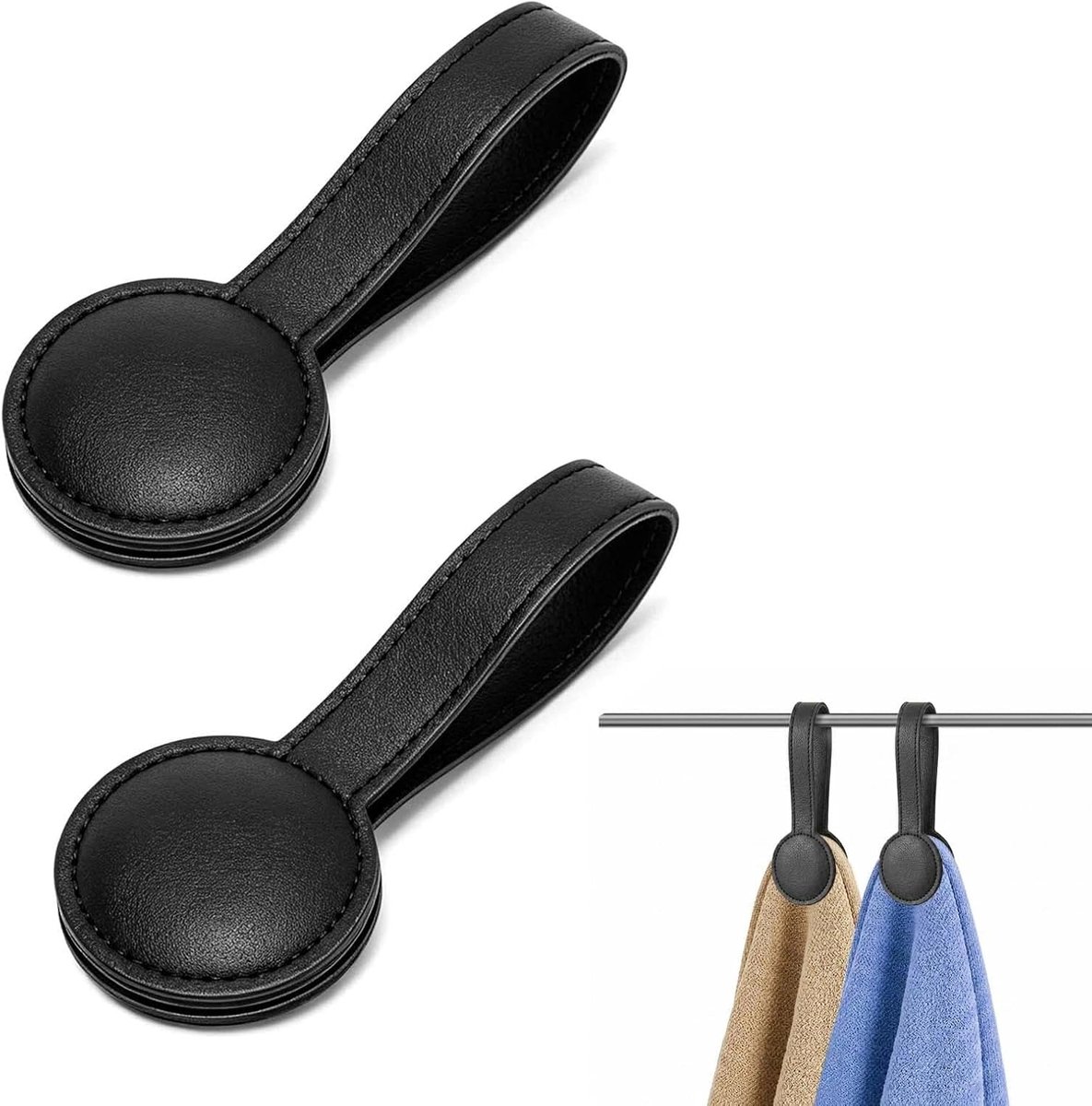2 stuks magnetische handdoekhouders van leer, gemakkelijk toegankelijke handdoekklemmen, ruimtebesparende handdoekclips, tafelbevestiging voor badkamer, keuken en badkameraccessoires (zwart)