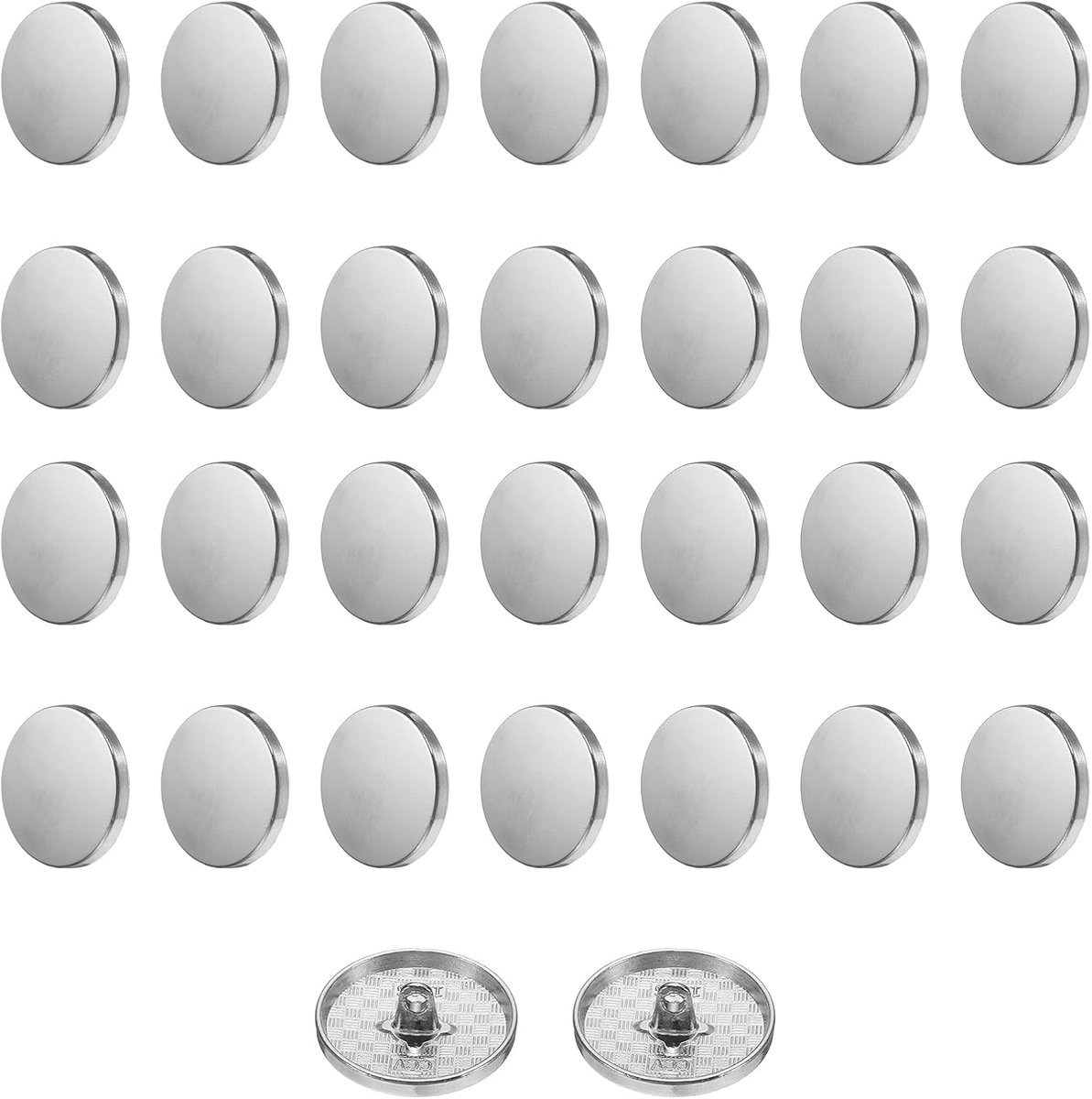 Knopen, 25 mm, metaal, platte buttons om aan te naaien, ronde knutselknopen voor kleding, broeken, mantels, jassen, blazer, hemd, pakken, decoreren handwerk, zelf maken, zilver