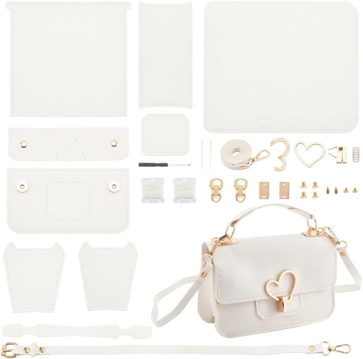 DIY Crossbody Bag Kits, PU Lederen Portemonnee Maken Kit Naaien Schoudertas Kit met Alle Gereedschap Set voor Verjaardag Vakantie Dag Gift, 20x12x7cm (Wit)