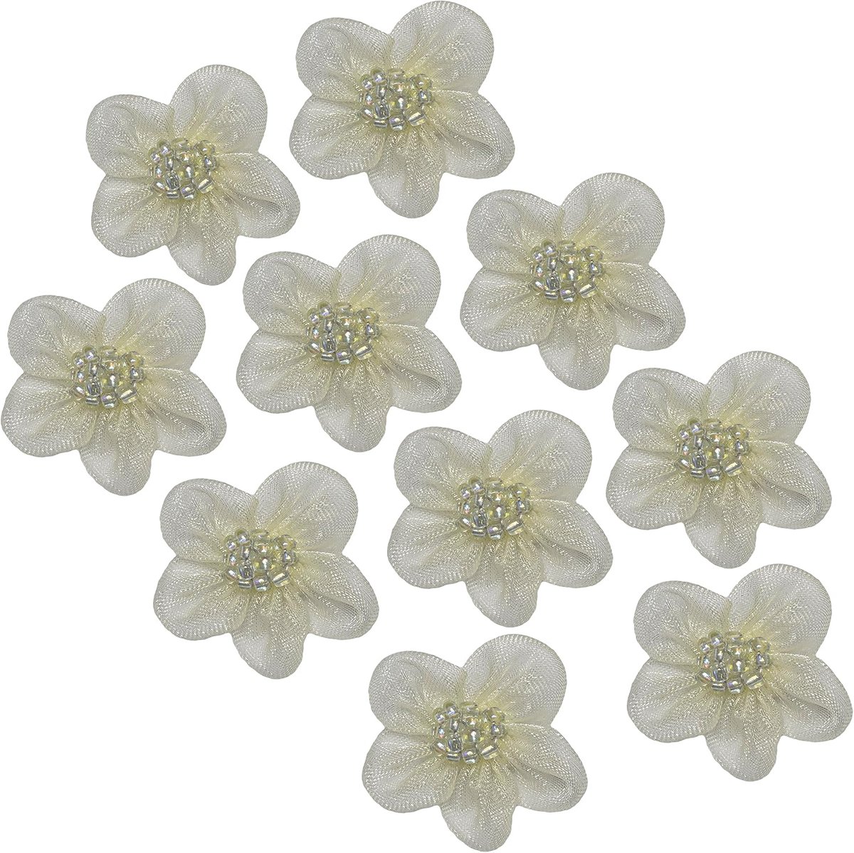 - C60716 Set van 10 Chiffon-bloemen Ø25 mm met parels - customization decoratie knoopsgaten bruiloft creatieve vrije tijd mercerie couture kleding - kleur: champagne