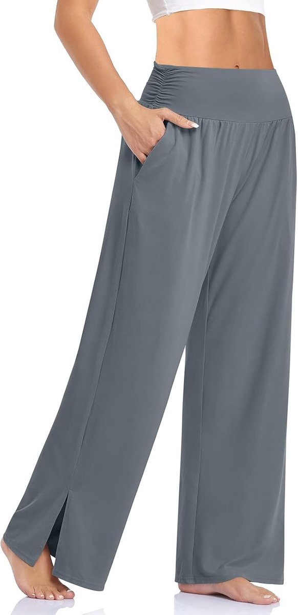 Trainingsbroek voor dames met zakken, joggingbroek, hoge taille, yogabroek, brede pijpen, rechte broek, sportbroek met split