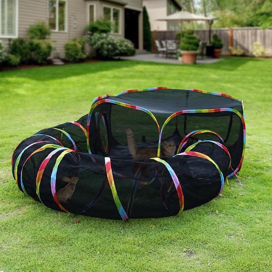 Cat Tunnel en Play Tent, Regenboog Gekleurd, Mesh Behuizing met Verbindende Tunnel — afbeelding 5