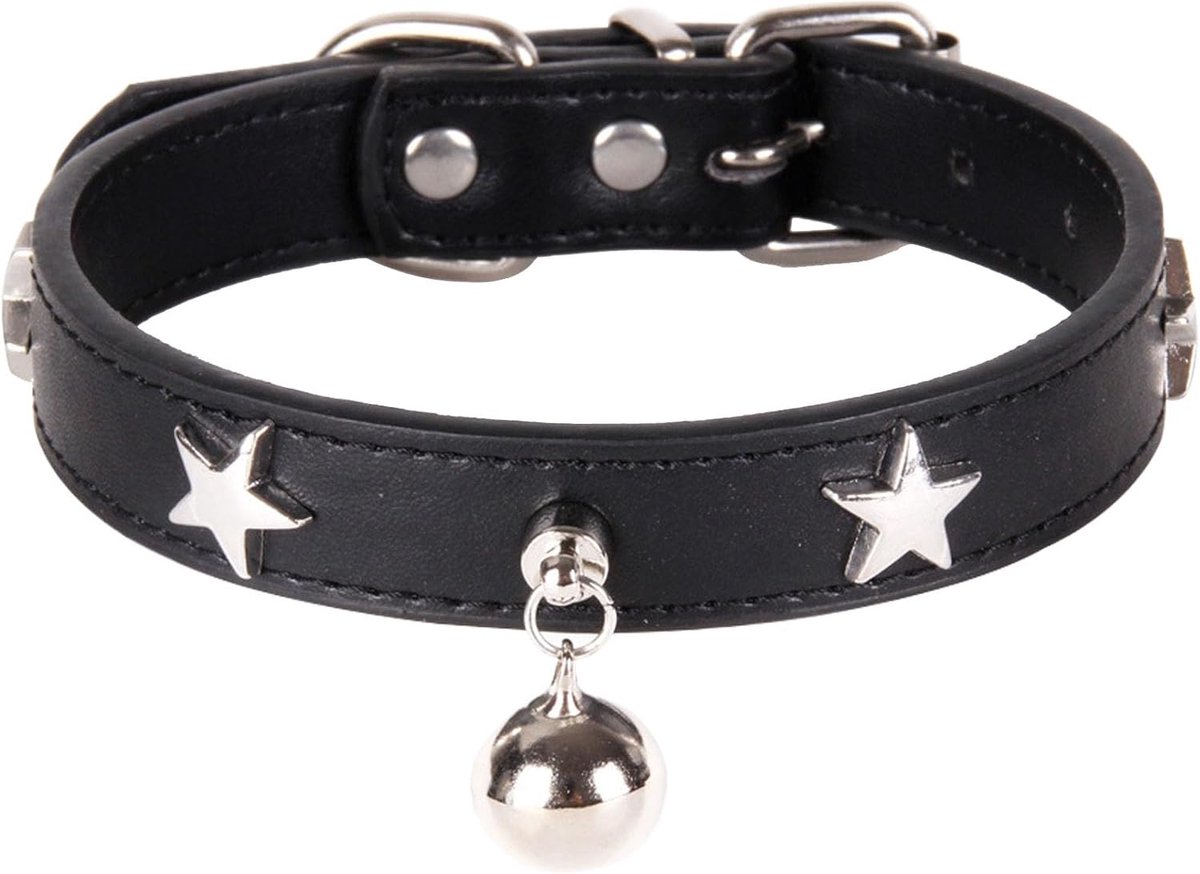 Hondenhalsband van leer met bel en ster, hondenhalsbanden voor kleine, middelgrote en grote honden, halsband voor vrouwelijke en mannelijke honden, zwart, XS