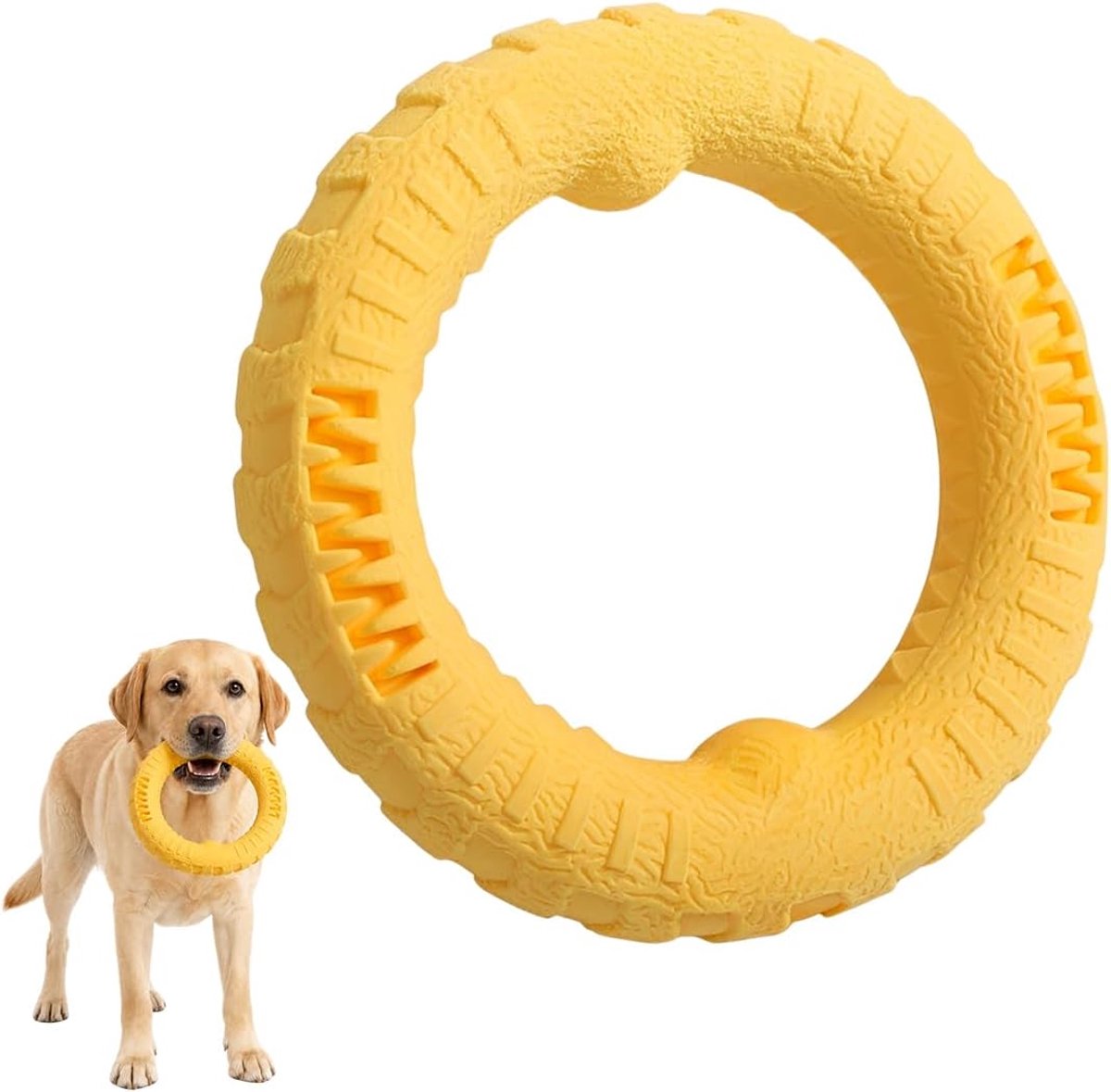 1 x grote ronde ring voor huisdieren, hondenspeelgoed, interactieve activiteiten buitenshuis, bestand tegen kauwen en plezier, voor grote en kleine honden (geel)