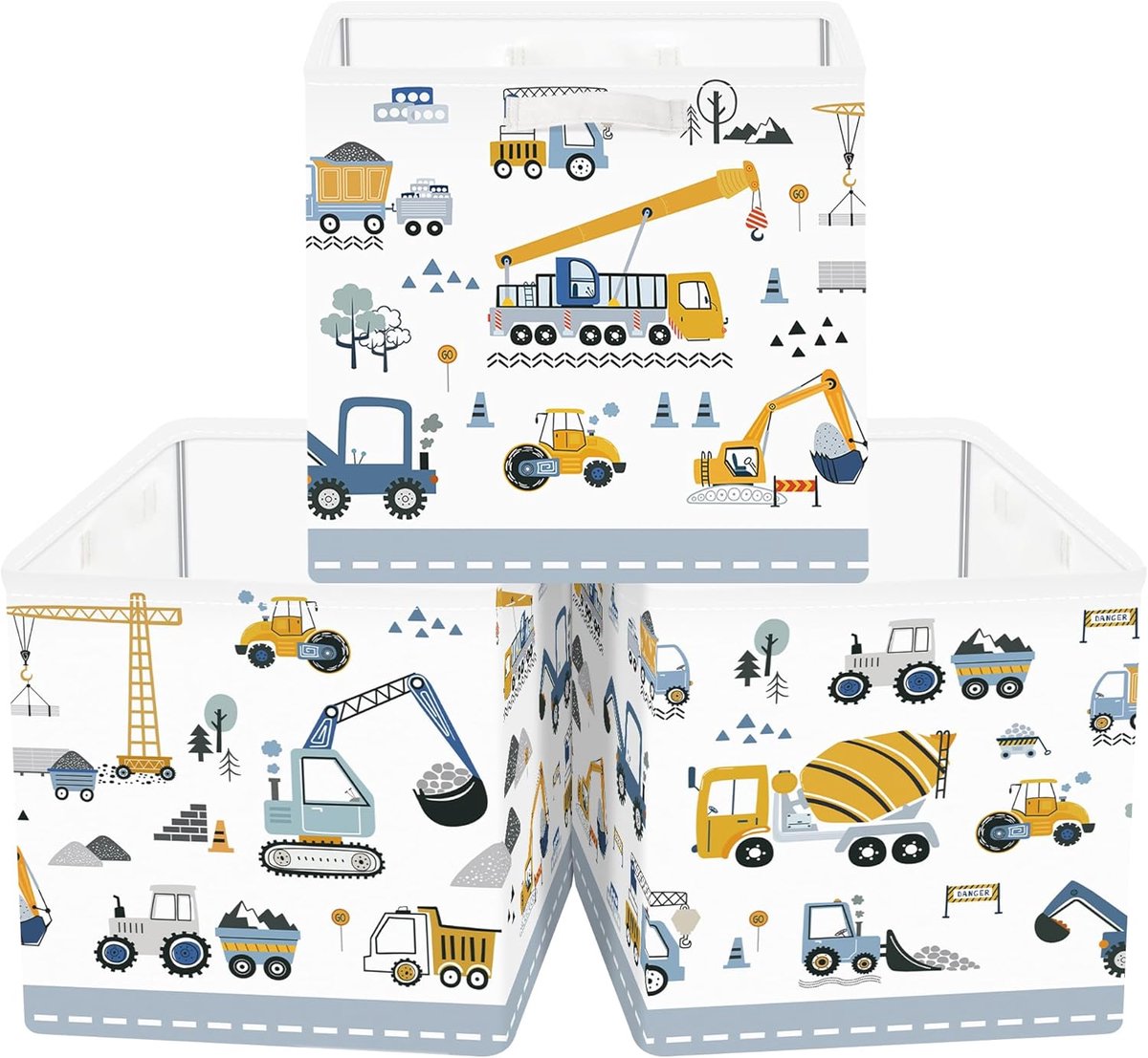 Set van 3 Opbergdozen Auto Opbergkubussen voor Kast Kleding Mand Speelgoedkist en Boeken voor Woonkamer Slaapkamer, Bouwvoertuig, 30x30x30 cm