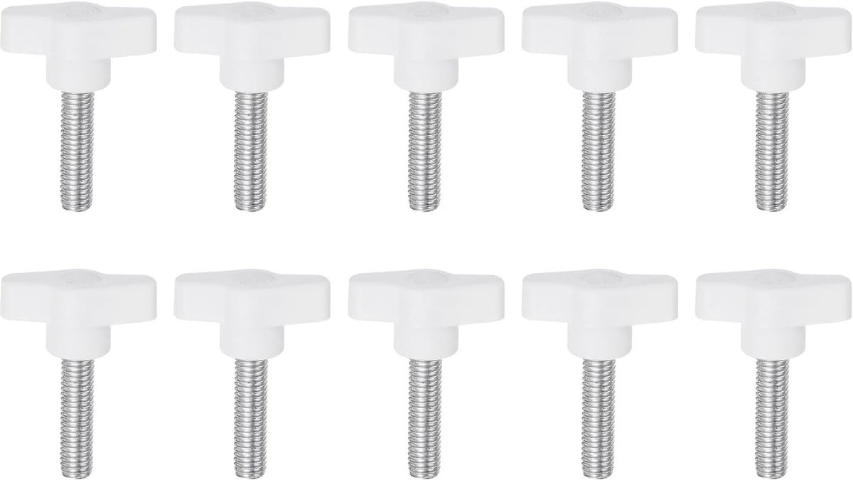 10 stuks klemschroeven ster M8 x 30 mm mannelijke schroefdraad stukknoppen van kunststof T-handgrepen met schroefdraad met de hand vastklemmen, oorschroeven, wit.