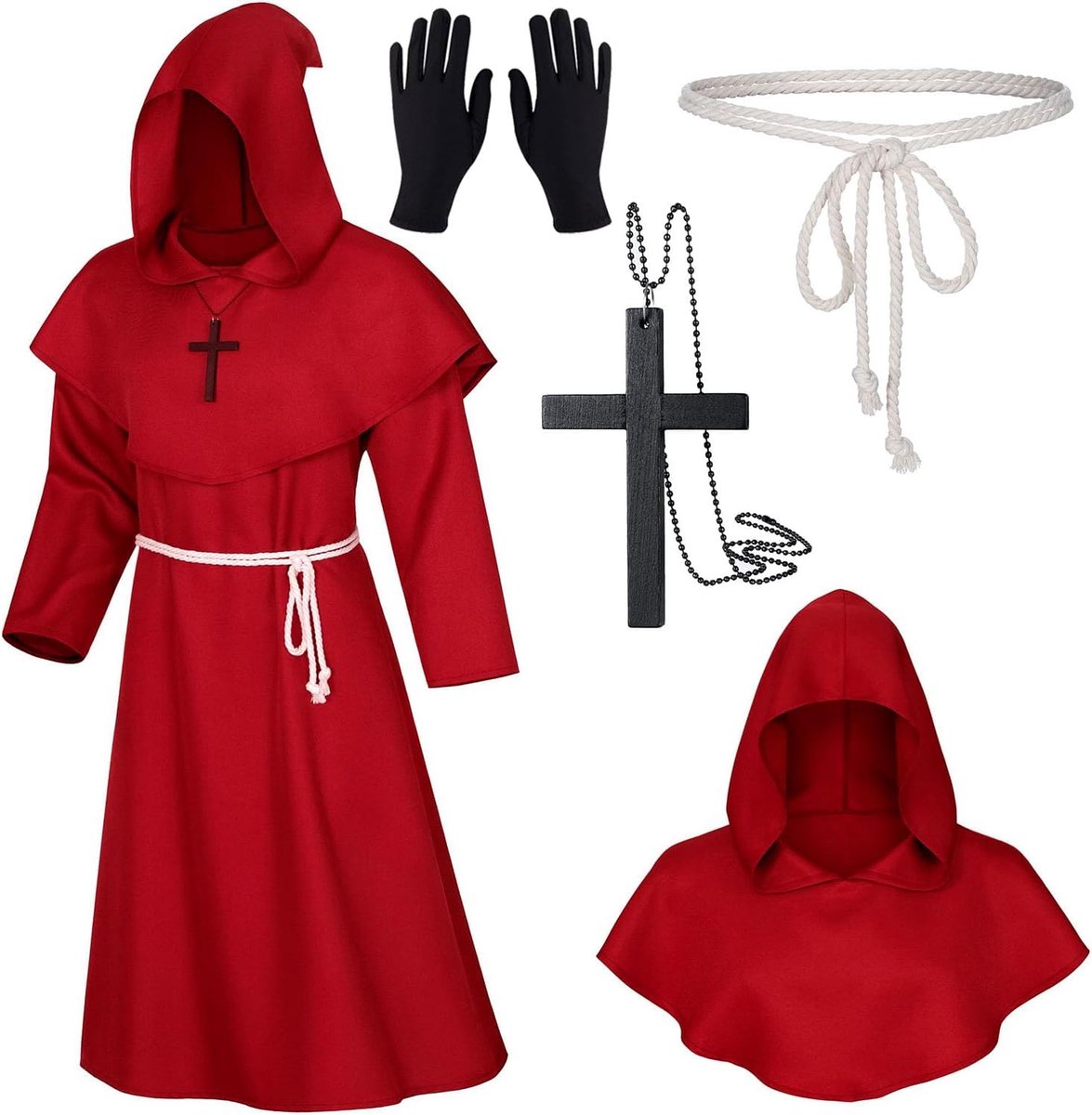 Middeleeuwse renaissance, met capuchon, monnikenkostuum, met kruis-halsketting, handschoenen en koord, Halloween, carnaval en rollenspel kostuums