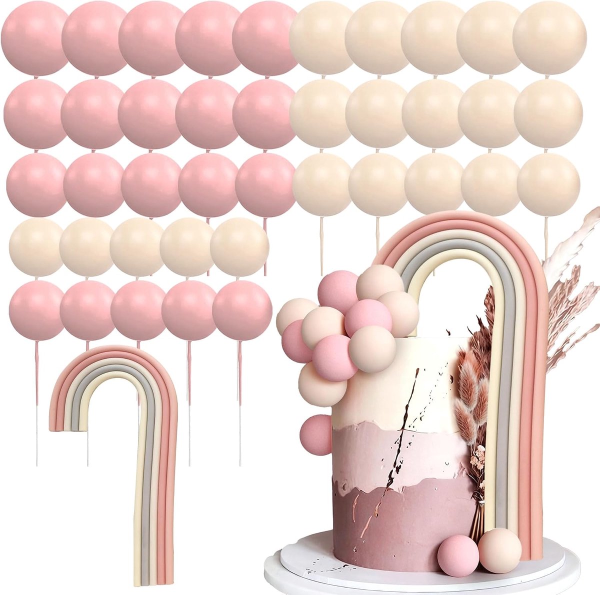 delige boho regenboog taartdecoratie naakte ballen taarttopper | 41 delige boho regenboog taartdecoratie naakte ballen taarttopper beige balletjes babyshower verjaardagstaart versiering