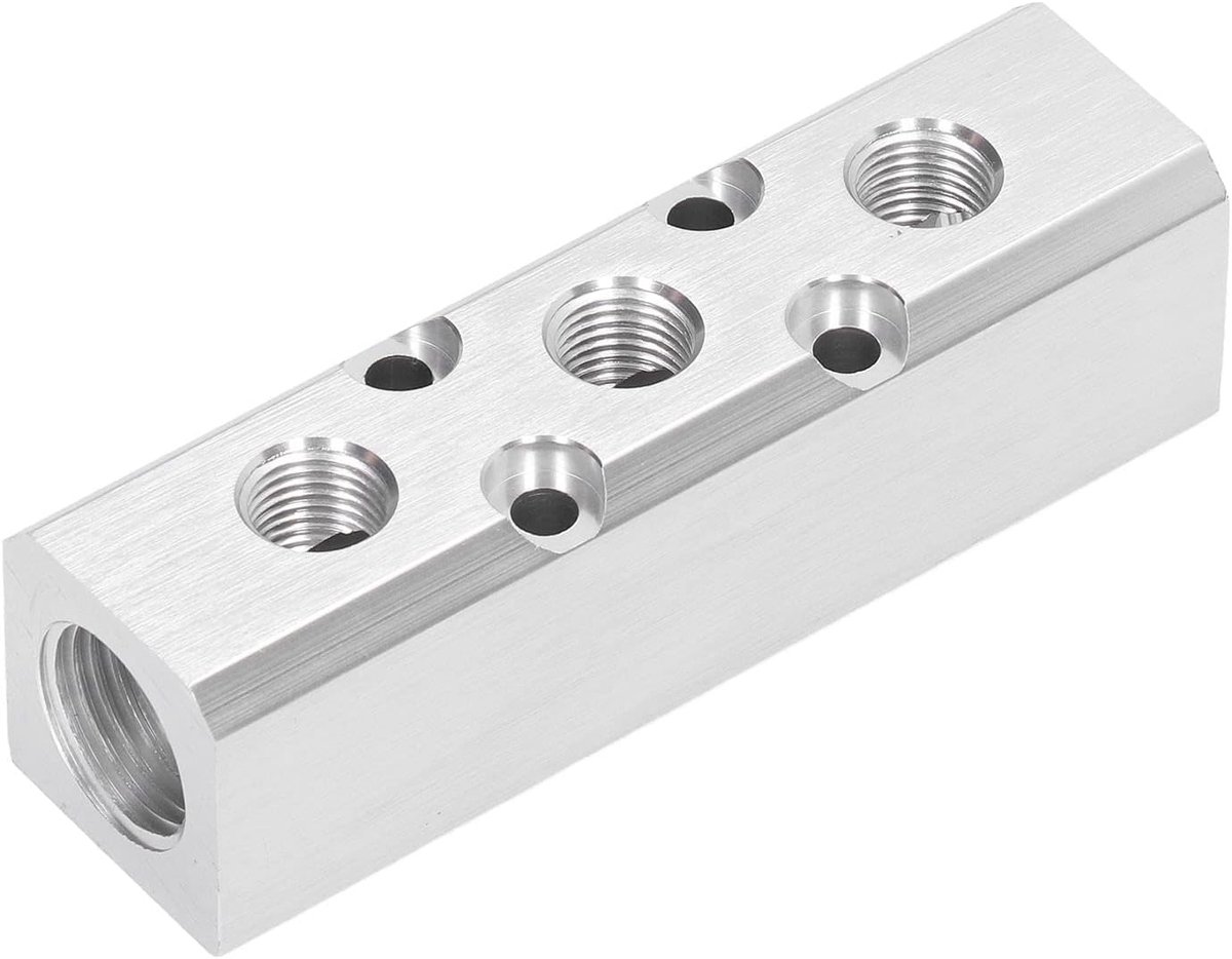 Pneumatisch Spruitstuk Luchtverdeelblok Aluminium Blok Perslucht Spruitstuk Pneumatisch Blok G1/2 Ingang G1/4 Uitgang 30x30mm(SY30‑02‑4F)