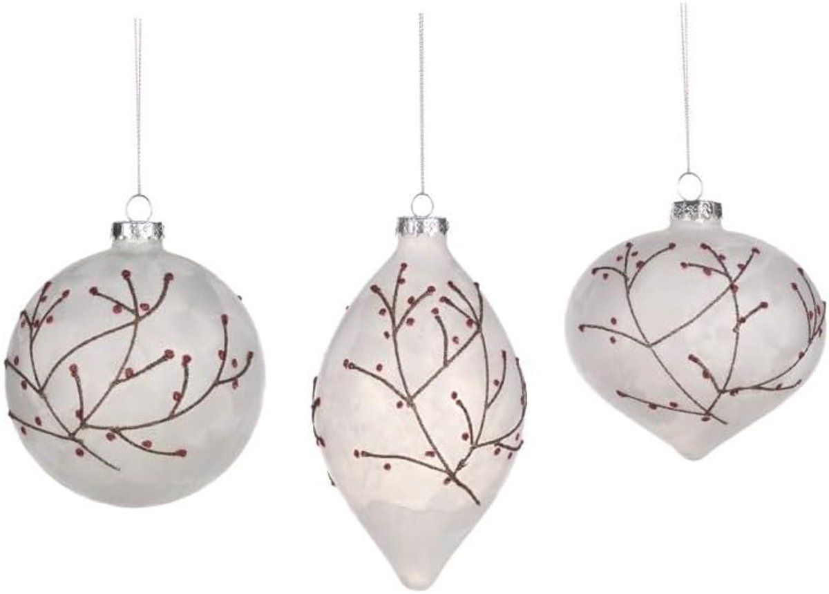 Kerstbal 'takken met bessen' D 10 cm - glas multicolor - set van 3 - voor sfeervolle kerstversiering - SnelShoppen