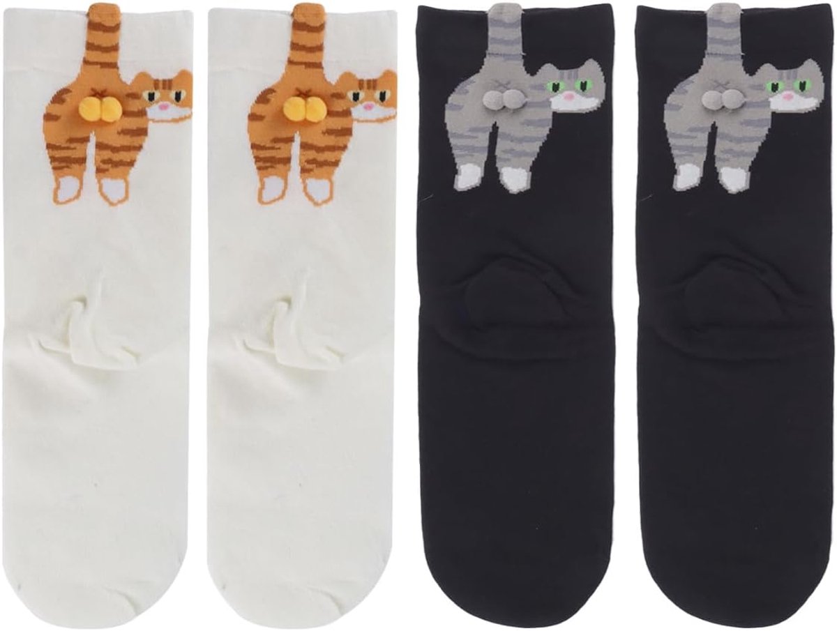 Sokken, 2 paar, medium crew sokken, zwart-wit, 3D pompon kattenpatroon, katoen, grappig cadeau, maat 34-43