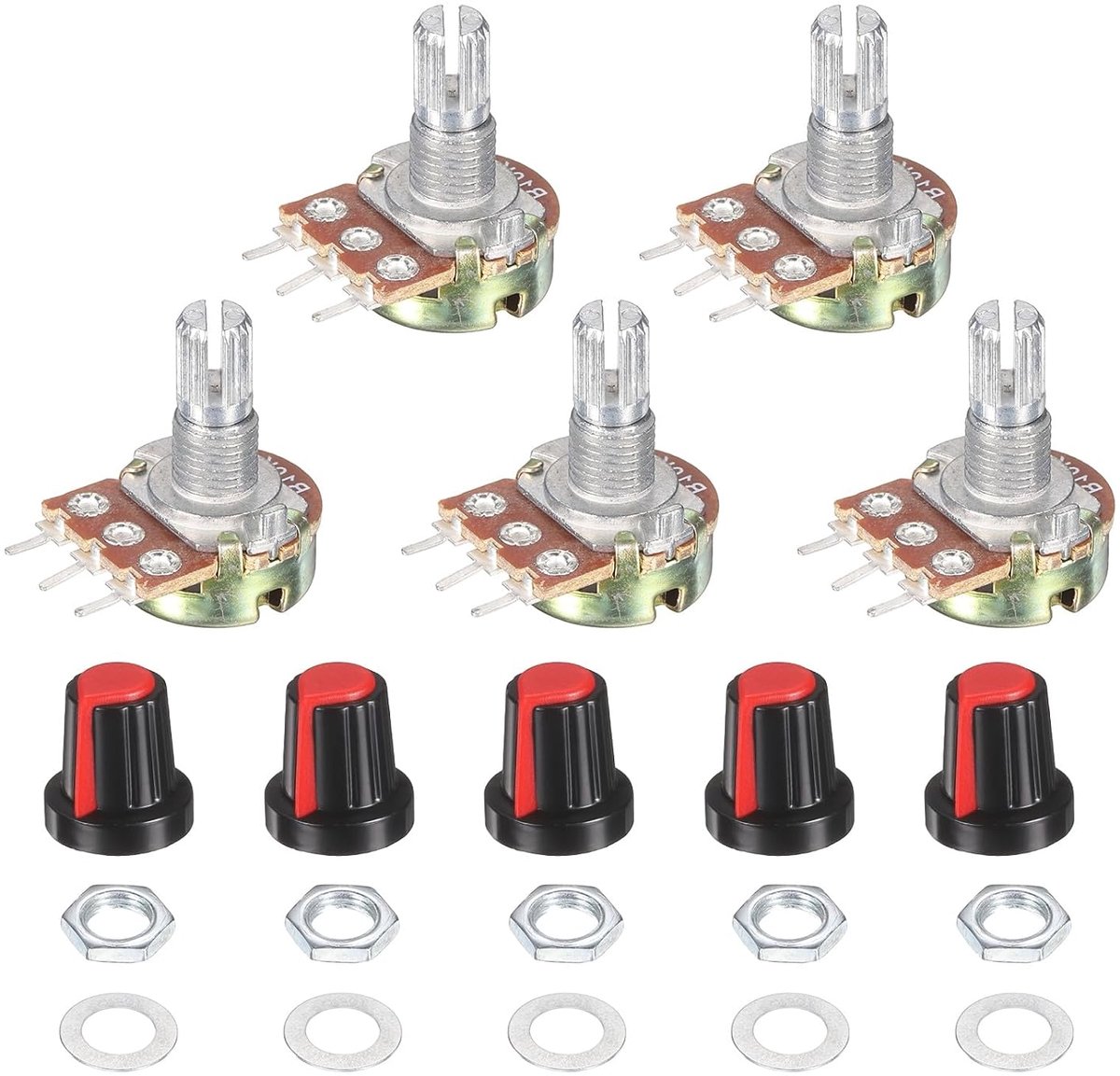 Potentiometerset, 10K ohm, lineaire variabele weerstand, verstelbaar, draaibaar, voor audioapparaten, met kunststof knoppen, moeren en sluitringen, rood