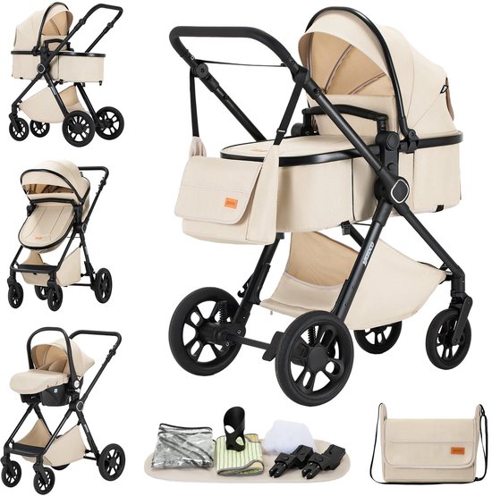 Beige Yazoco combi-kinderwagen met autostoel, reiswieg en accessoires.