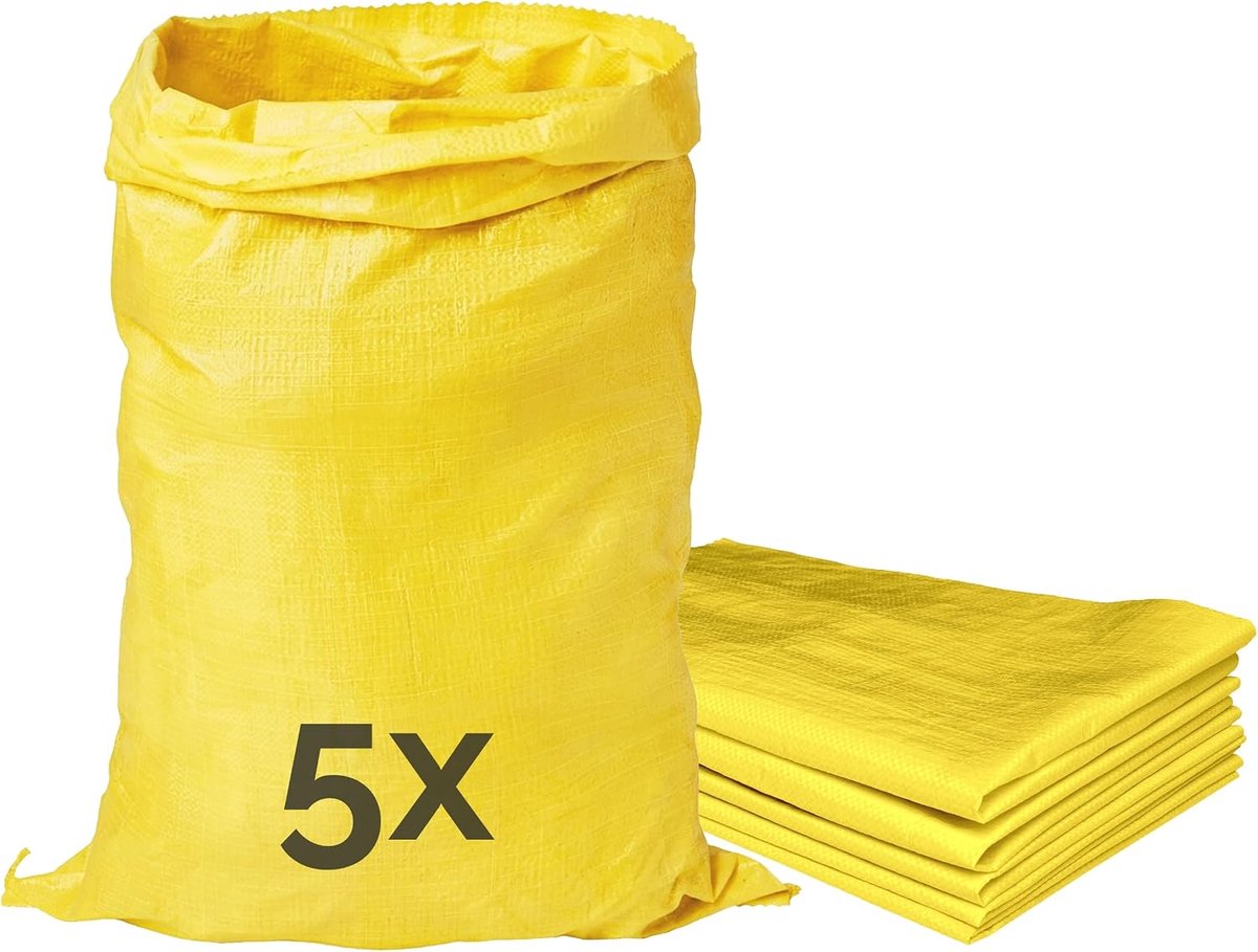 Polypropyleen Transportzak 85 × 50 cm Set van 5 GD-0161 Geel | Geweven zakken, draagvermogen 25 kg, herbruikbaar en ademend, voor opslag van aardappelen, fruit, granen, noten, tuin en huis