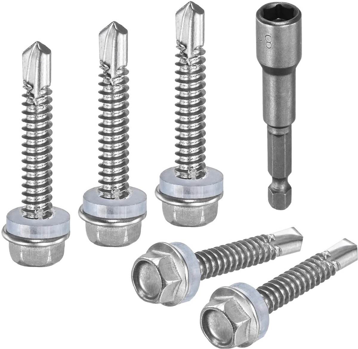 50 stuks zelfborende schroeven voor metaal #12 x 1-1/4 inch, roestvrij staal 410, zeskantkop, met sluitring, inclusief zeskantpunt