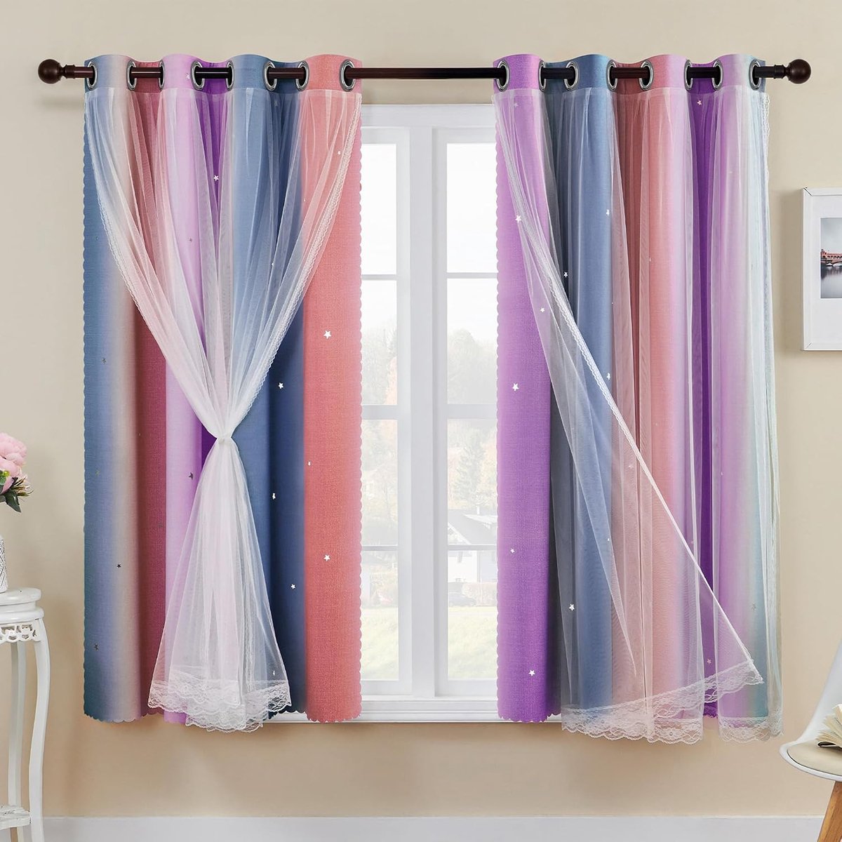 Verduisteringsgordijnen met net 137 Drop Hollow Out Star patroon mix witte voile korte transparante gordijnen met oogjes voor kinderen tieners slaapkamer 132 cm grijs roze paars / 132/137/2 IT
