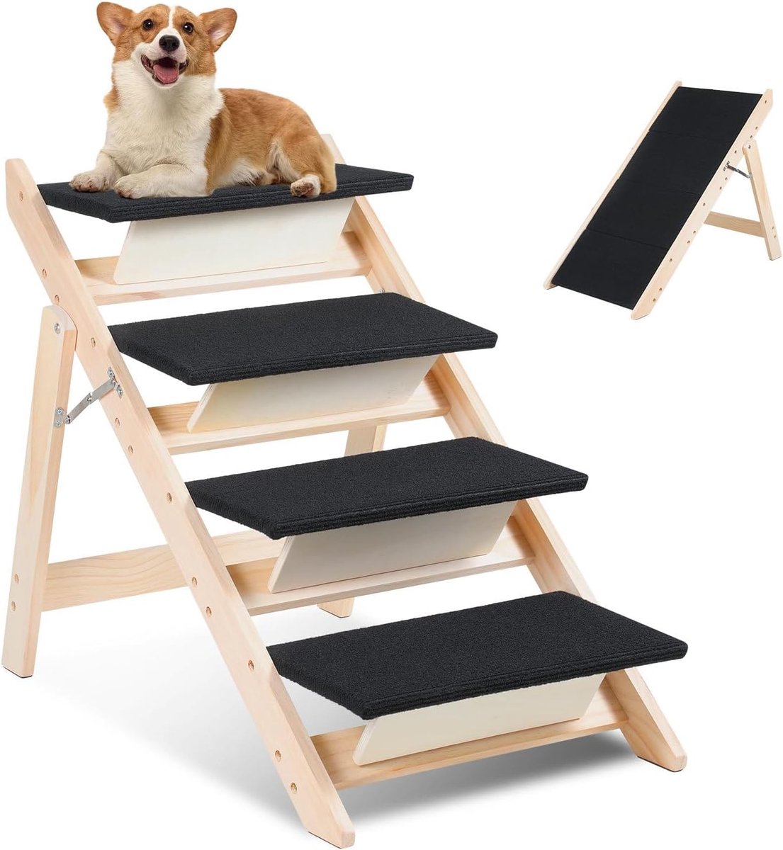 4 treden, 2-in-1 inklapbare hondentrap van hout, antislip met lage helling, huisdiertrap voor bed, bank, auto, gewrichtsvriendelijk, stabiel, belastbaar, tot 80 kg