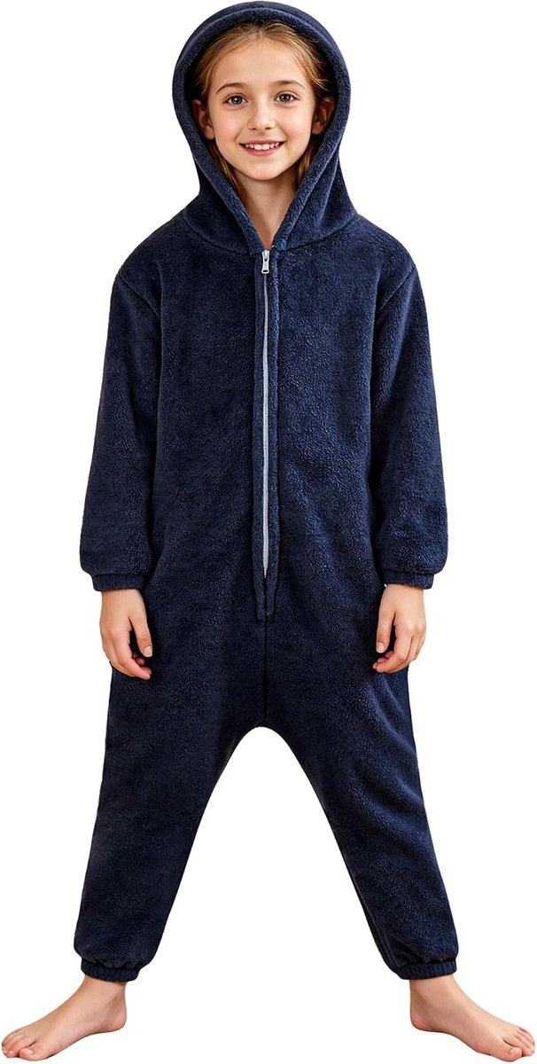 NANU Uniseks rompertje voor kinderen, effen, 3-12 jaar, fleece rompertje met capuchon, zacht, wollig, warm, overall met ritssluiting en zakken, voor jongens en meisjes, 5 kleuren