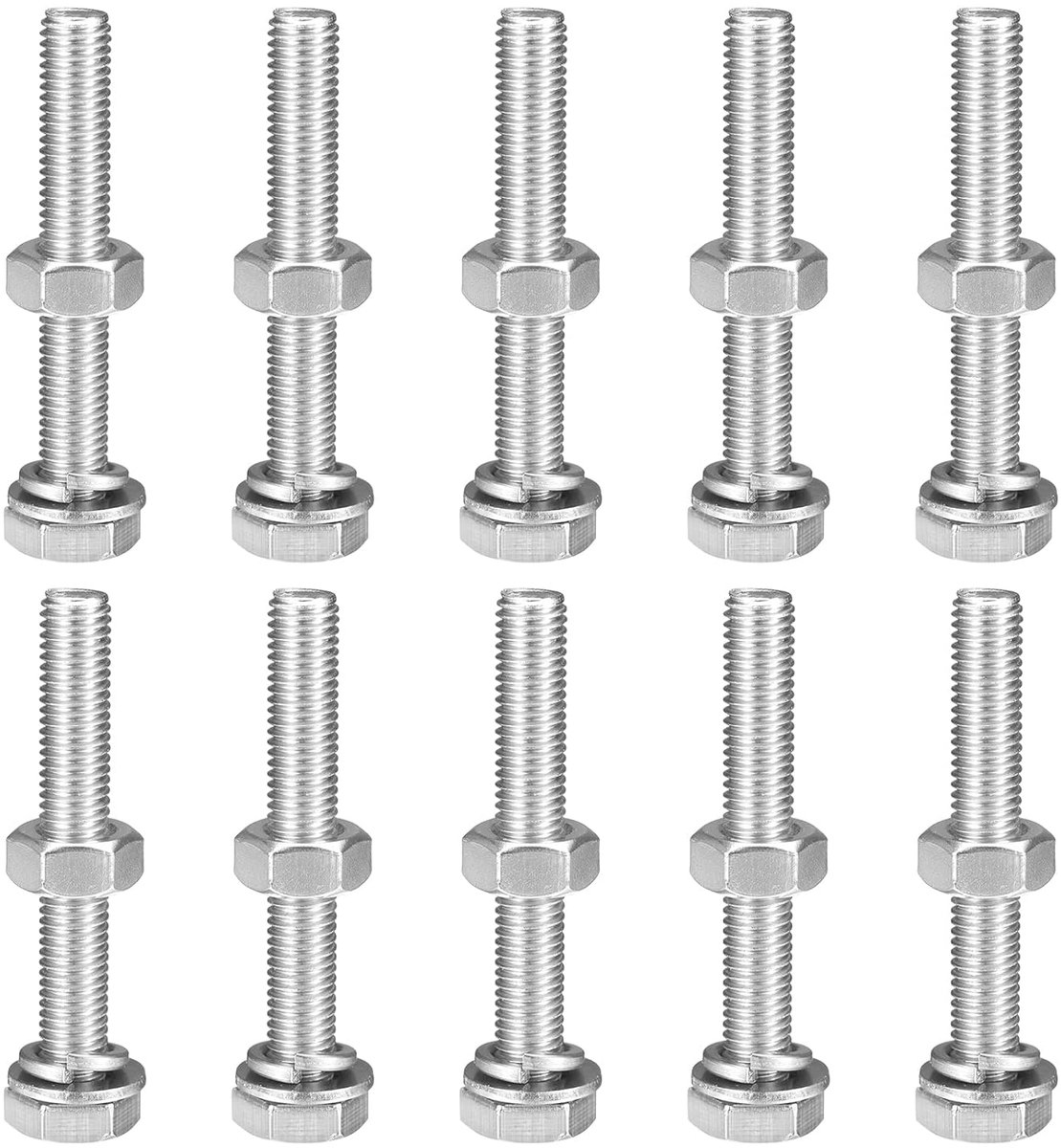 10 stuks M10 x 70 mm zeskantschroeven, moeren, set en sluitringen, 304 roestvrij stalen zeskantkopschroeven, schroefdraadschroeven met volledige schroefdraad, buitenzeskant