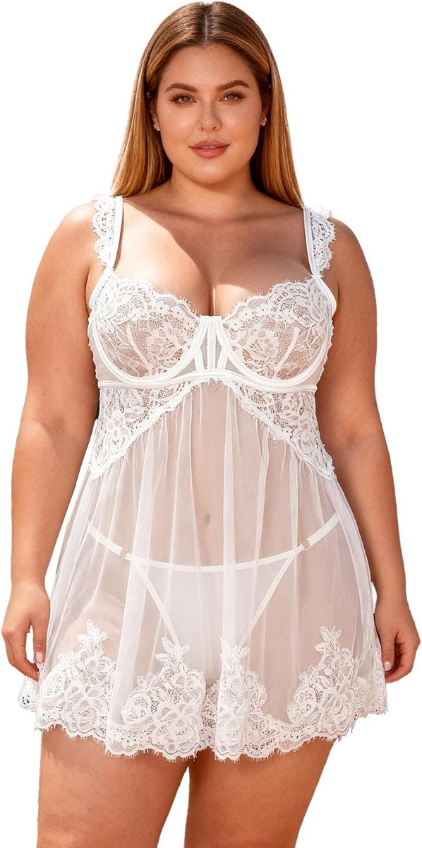 Ohmydear Sexy babydoll voor dames, van kant en mesh, met beugel, babydoll, transparant, U-rug, nachtlingerie met metalen gespen en bijpassende tanga, XS-2XL