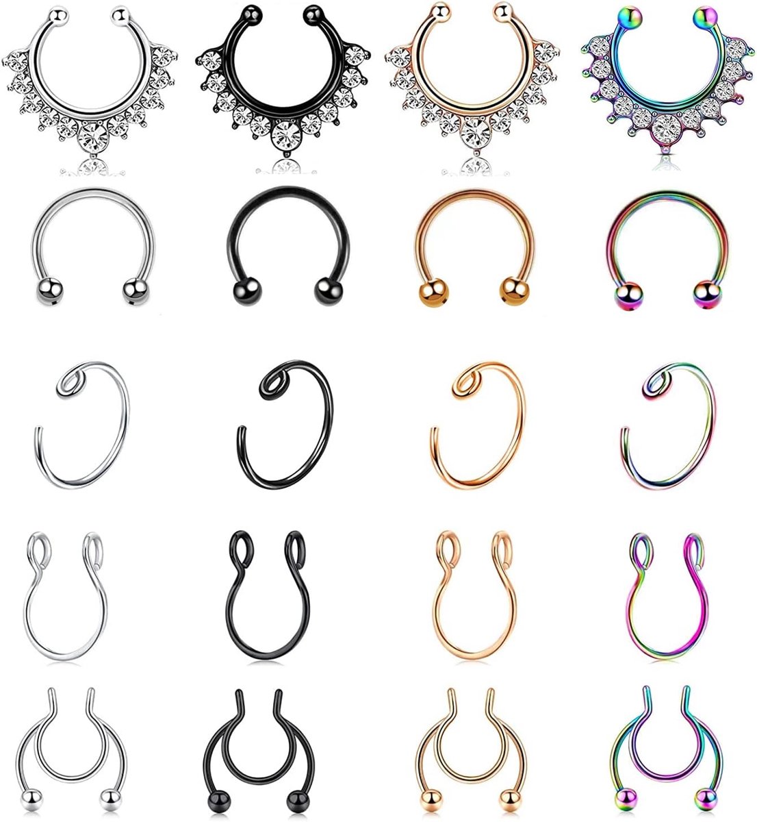 20G nep-neuspiercing, 8 mm, roestvrij staal, nep-septumpiercing, clip-on nep-neusring, niet doorboord, lichaamssieraden voor dames en heren, 20 stuks