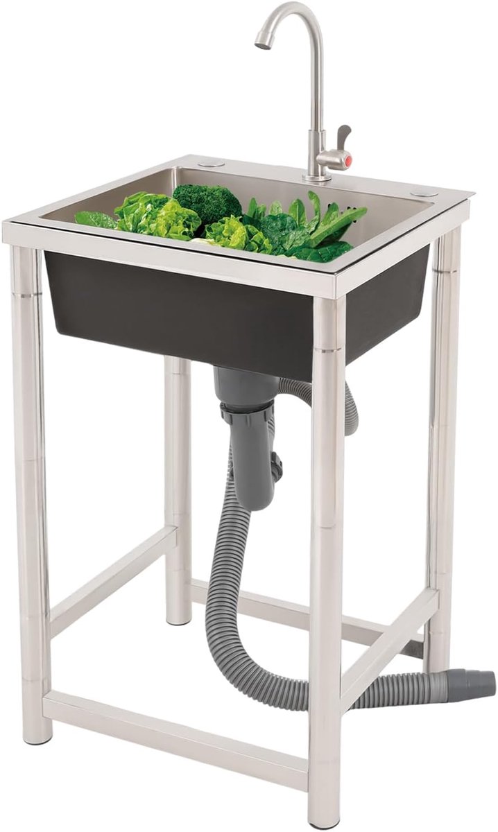 Roestvrijstalen gootsteen 45 x 41 x 75 cm - vrijstaand - met kraan - ideaal voor keuken en tuin - SnelShoppen