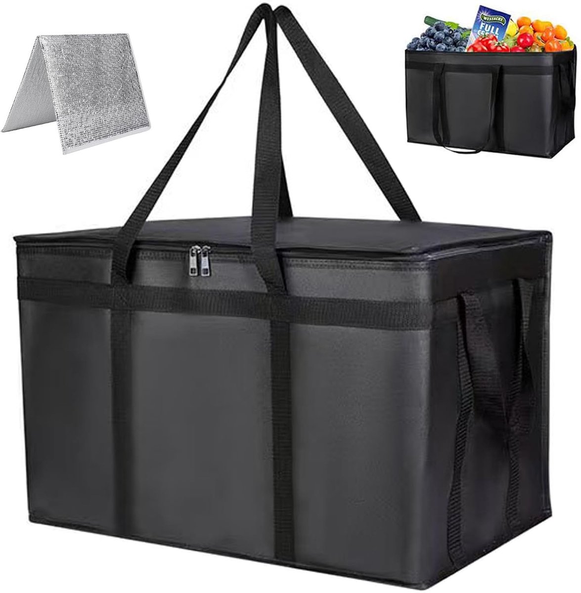 Geïsoleerde boodschappentas -Grote geïsoleerde tas - 58 cm* 38 cm * 36 cm - Picknicktas - Geïsoleerde tas van aluminiumfolie, geschikt voor warme en koude gerechten, catering en boodschappen - Grote capaciteit - Herbruikbaar - Geïsoleerde tas - Zwart