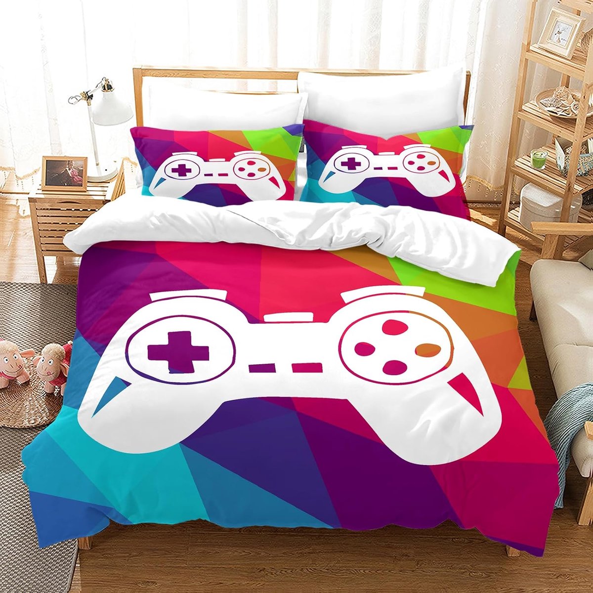 SnelShoppen - Beddengoedset Gaming 3D Effect Gamepad Print Jongens Dekbedovertrek Microvezel 140x200cm + Kussensloop 65x65cm