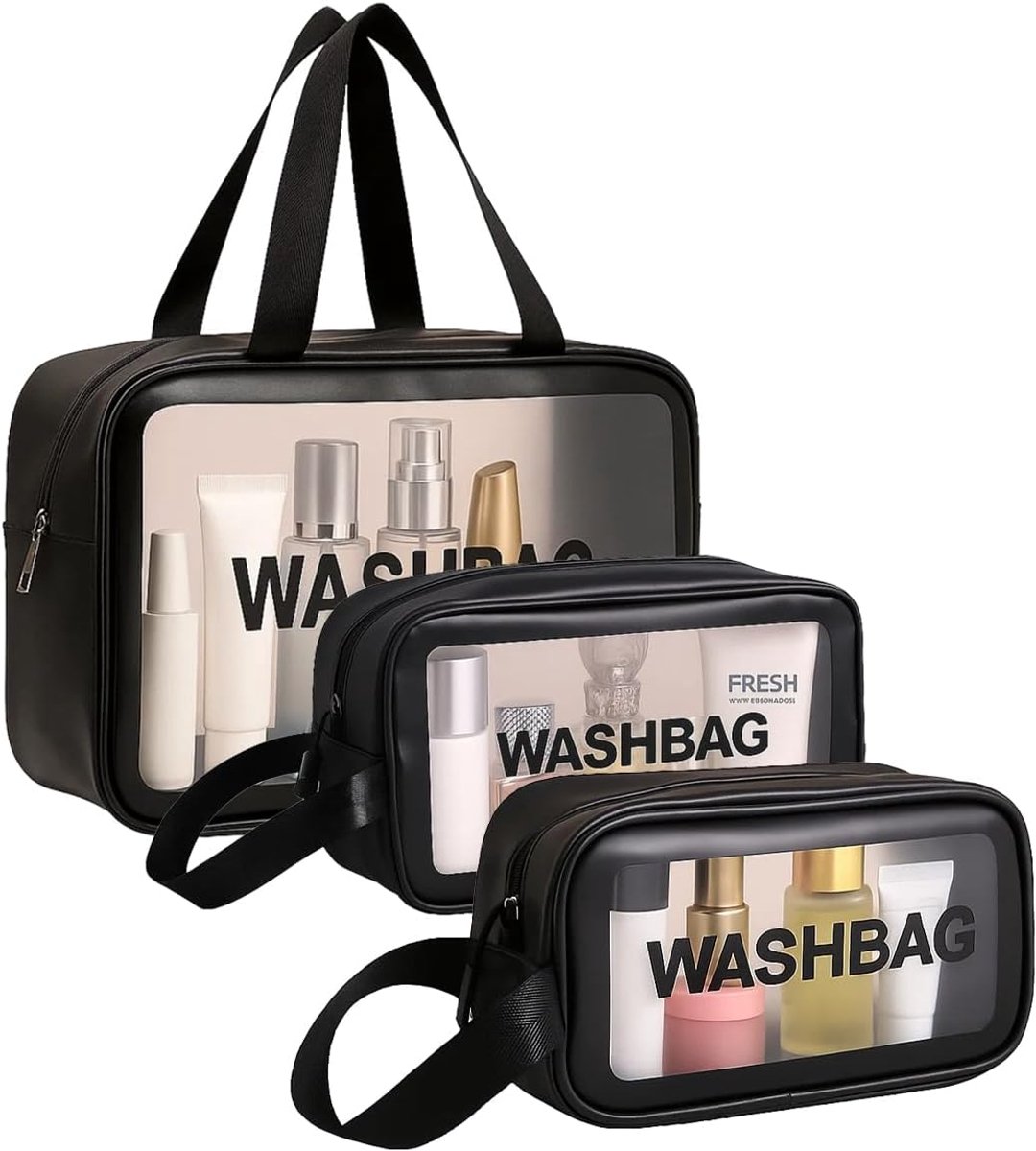 Reis toilettas set - 3-in-1 waterdichte PU tassen - semi-transparant - ideaal voor op reis - SnelShoppen