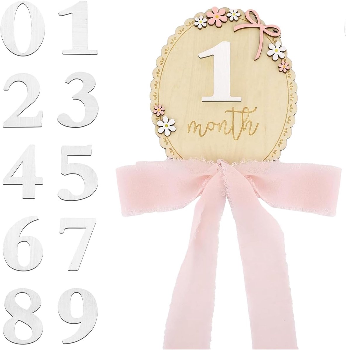 Mijlpaalkaarten Baby 0-12 maanden - Houten kaarsets met 3D bloemen - Inclusief roze lint en standaard - SnelShoppen