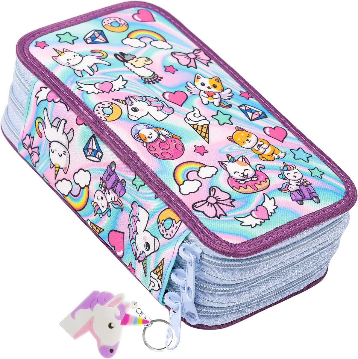 Pennenzak 3-compartimenten - Holo Sweet Stickers - Modieus design - Voor schoolaccessoires - SnelShoppen