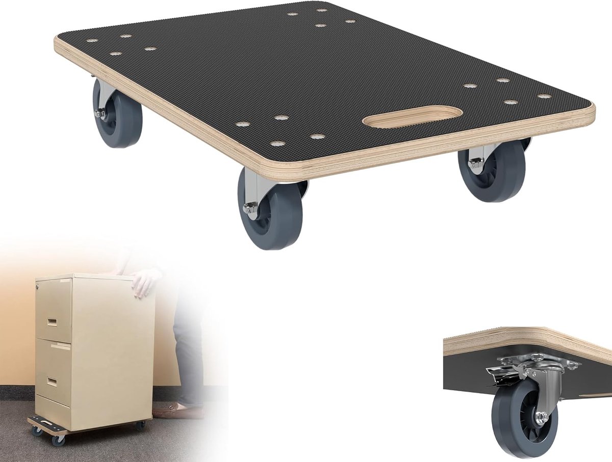 Transportrol 60 x 40 cm, transportrolbord met 2 x parkeerrem voor verhuizing en werkplaats, meubelrollen, zware belasting max. 200 kg laadvermogen, transporthulp voor meubeltransport - 1 stuk