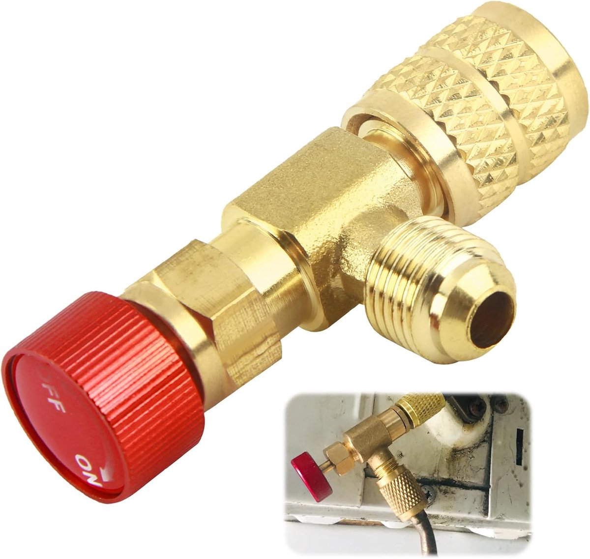 Airconditioning, veiligheidsventiel, 5/16 inch - 5/16 inch aansluitadapter, messing doorstroomregelventiel, effectieve bescherming tegen koelmiddelverlies, voor airconditioning-stroomregeling